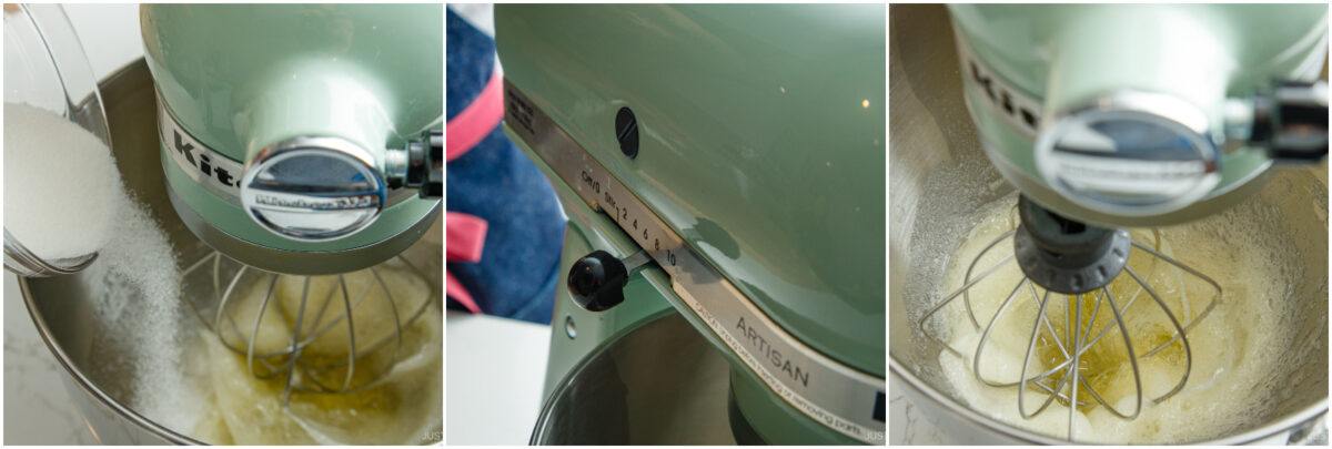 Three-panel image showing sugar being poured into a stand mixer with eggs, a close-up of the mixer’s control panel, and the eggs and sugar being whisked together in the mixing bowl.