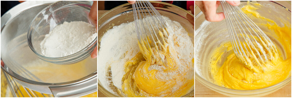A sequence of three photos: flour is sifted into a bowl, then mixed with a yellow batter using a whisk, and finally the batter becomes smooth and uniform as it is whisked.