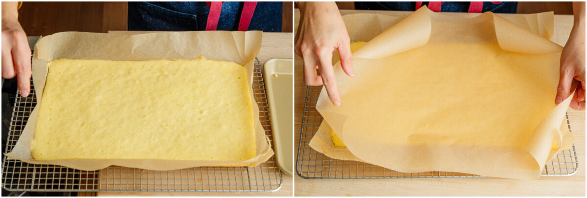 A person places and peels parchment paper on a rectangular sheet cake cooling on a wire rack, showing steps in handling baked cake layers.