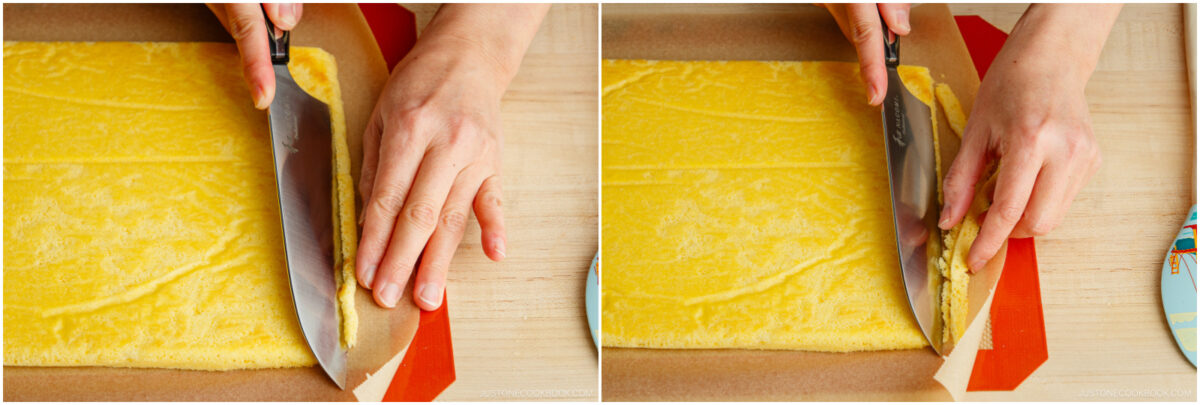 Two images side by side show hands using a large knife to trim the edges of a rectangular yellow sponge cake resting on parchment paper and a silicone baking mat.