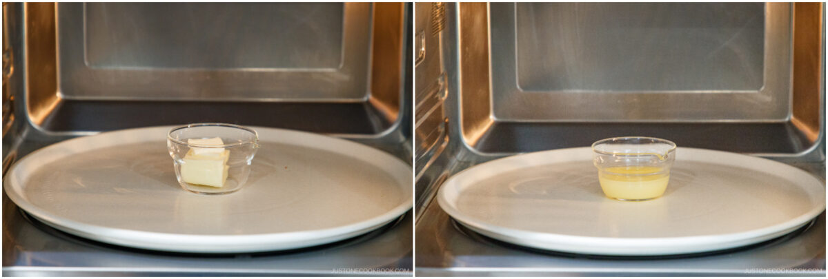 Side-by-side images of a microwave: on the left, a glass bowl with solid butter; on the right, the same bowl with the butter melted into liquid.