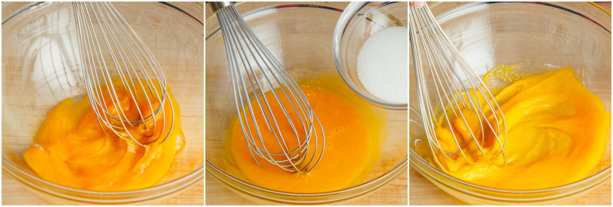 Three-step collage of whisking egg yolks in a glass bowl: first plain yolks, then mid-whisk, and finally whisked yolks with sugar being added from a bowl. All bowls are on a wooden surface.