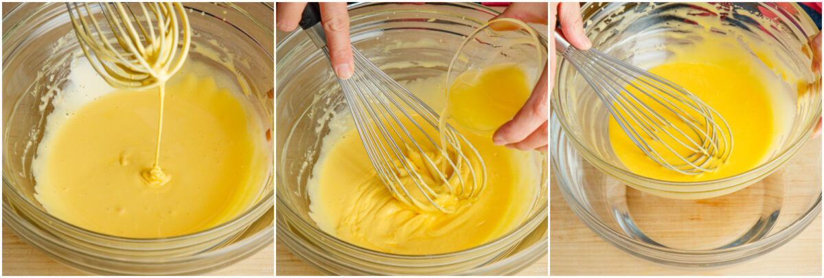 A sequence of three images shows a person whisking a thick yellow mixture in a glass bowl and gradually adding liquid, with the mixture becoming smoother and more blended in each step.