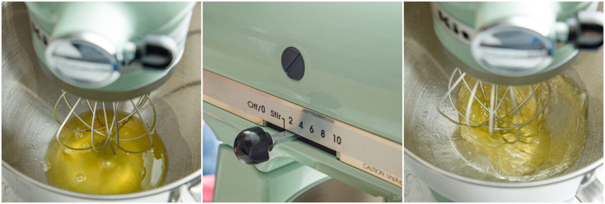 A collage of three images showing a stand mixer with egg whites being whipped. The first shows the eggs in the bowl, the second shows the mixer’s speed dial, and the third shows the eggs beginning to foam.