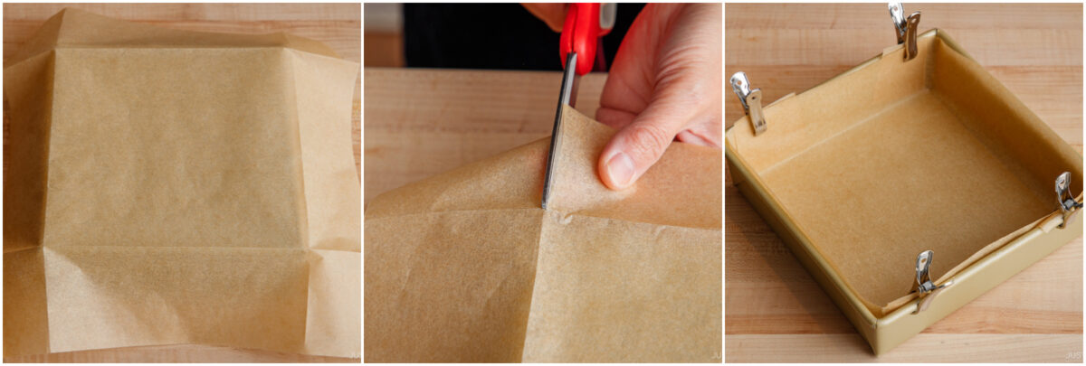 Three steps to lining a square baking pan: parchment paper covering the pan, cutting the paper corners with scissors, and the paper neatly fitted and clipped into the pan.
