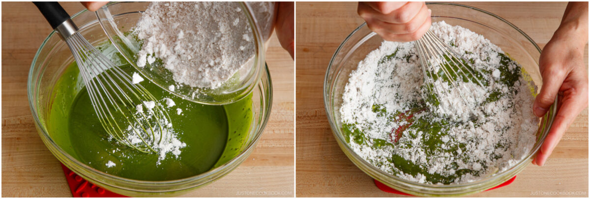 Two images show a person whisking white powdered sugar into a bowl of green matcha batter on a wooden surface. In the first image, sugar is being poured in; in the second, its being mixed in with a whisk.