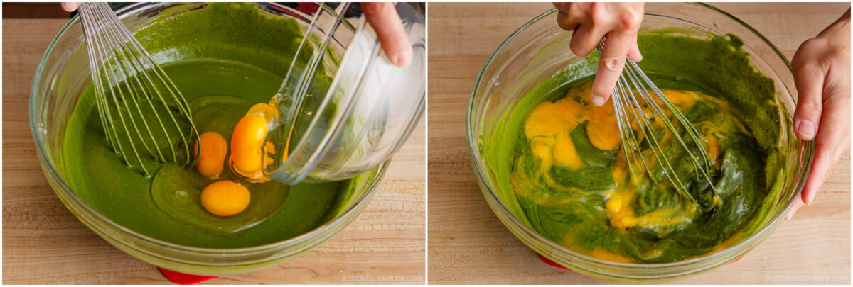 Two images show a person adding eggs to a large glass bowl of green batter and then whisking the eggs into the mixture on a wooden surface.