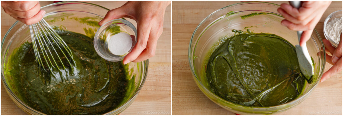 Two photos side by side: On the left, a hand whisks a green mixture in a glass bowl while adding salt. On the right, a hand stirs the thickened green mixture with a silicone spatula.