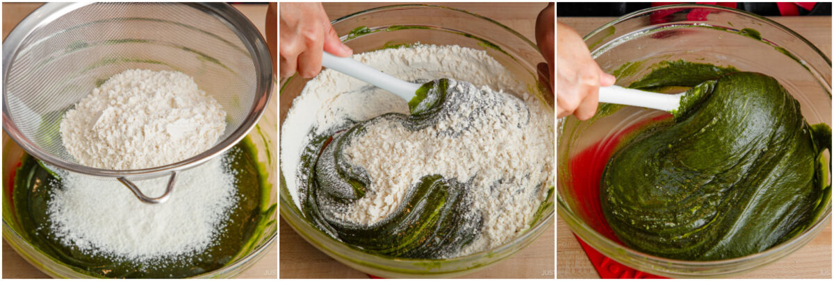 Three-panel image showing flour being sifted into green matcha batter, stirred in with a spatula, and then fully mixed to form a smooth, thick green dough in a glass bowl.