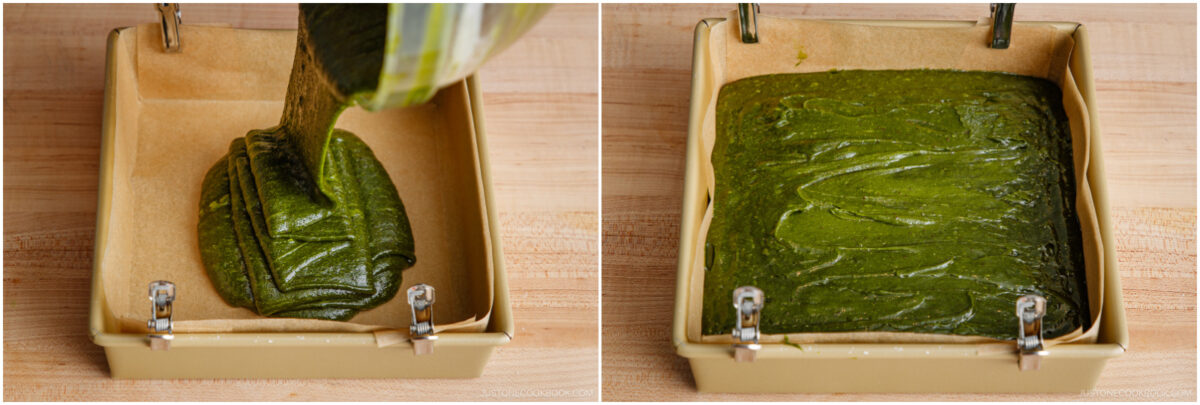 A two-panel image shows thick green batter being poured and spread evenly into a parchment-lined square baking pan, secured with metal clips, on a wooden surface.