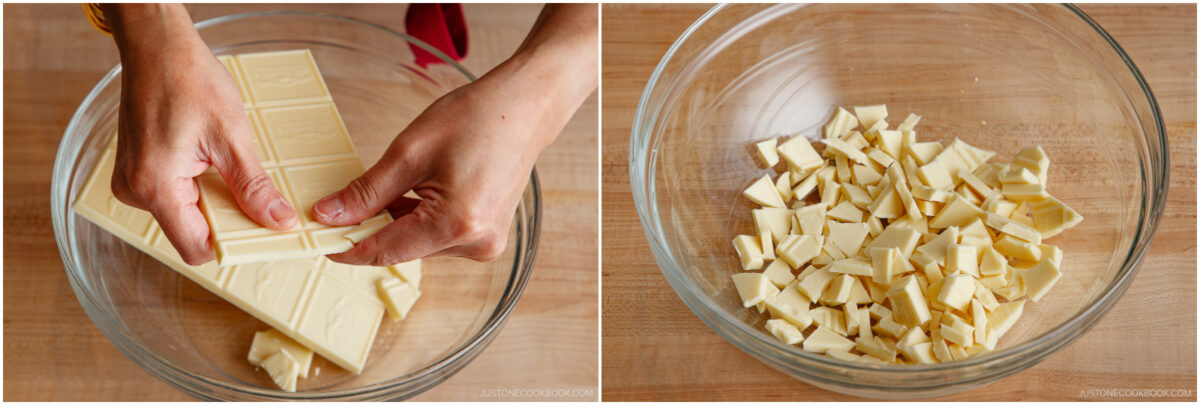 Two images: On the left, hands break a large white chocolate bar over a glass bowl. On the right, the bowl is filled with chopped pieces of white chocolate on a wooden surface.