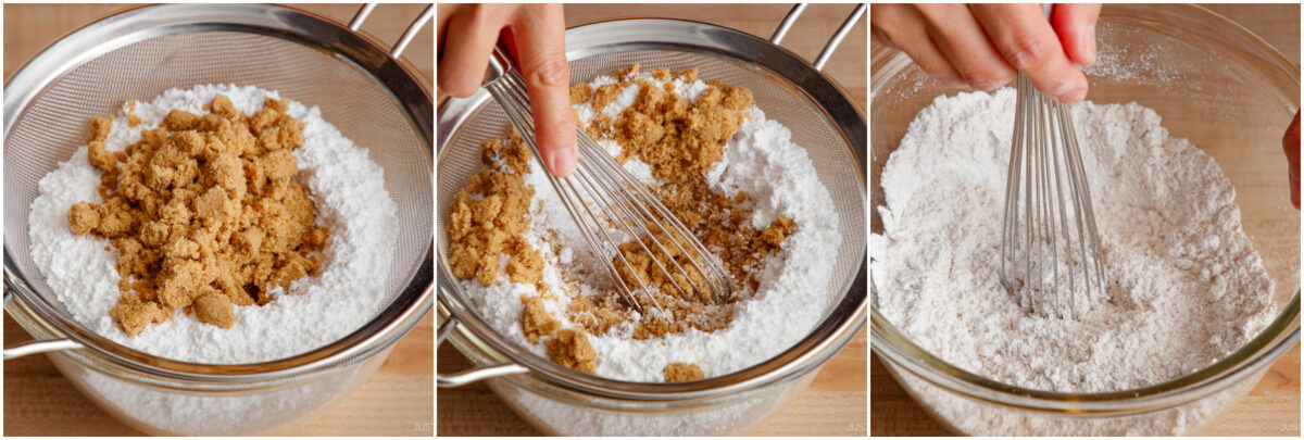 Three-panel image: Sifting brown sugar and powdered sugar in a bowl, mixing them with a whisk, then whisking the sifted sugars together in a glass bowl.