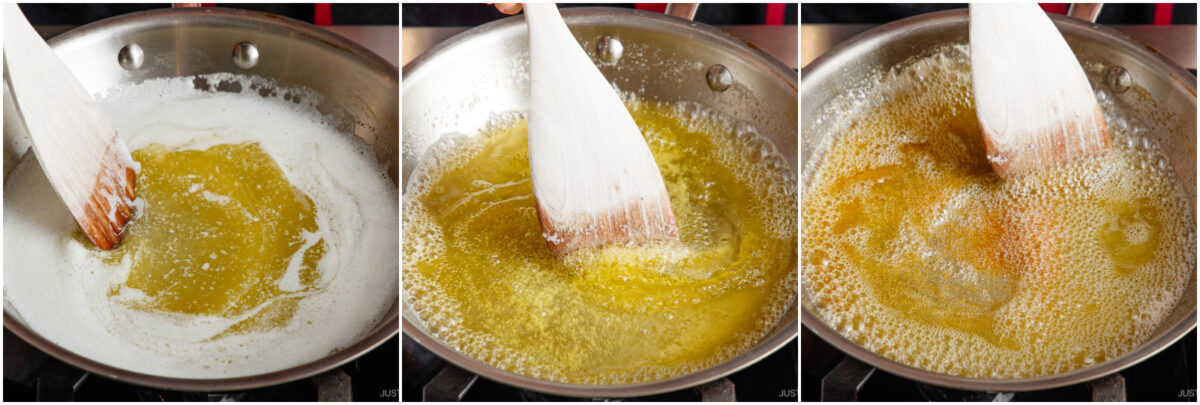 Three-panel image showing the stages of browning butter in a metal pan. A wooden spatula stirs the melting butter as it changes from pale yellow to golden brown with visible bubbles.