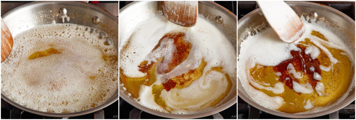 A three-panel image shows butter foaming in a pan, then turning golden brown and swirling with a wooden spatula as it cooks and browns.