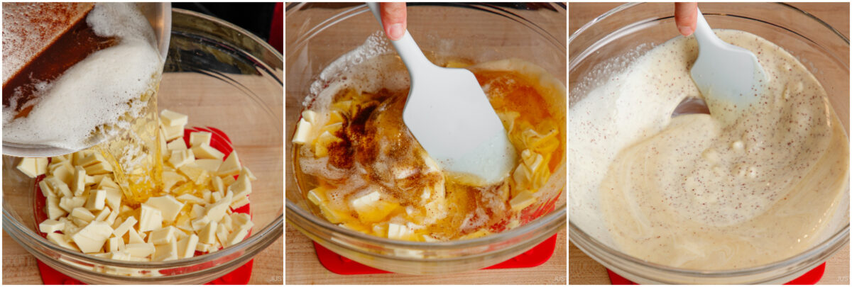 Three photos show: melted brown butter poured over white chocolate chunks; ingredients, including butter and spices, being mixed with a spatula; and the smooth, combined batter being stirred in a bowl.