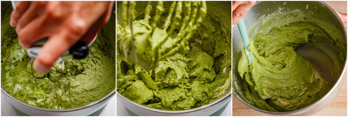 A collage of three images showing the process of mixing bright green matcha cake batter in a metal bowl with an electric mixer and spatula.