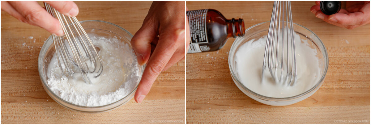 Two images side by side show hands whisking a white powder and liquid mixture in a glass bowl on a wooden surface; a bottle of vanilla extract is visible in the second image.