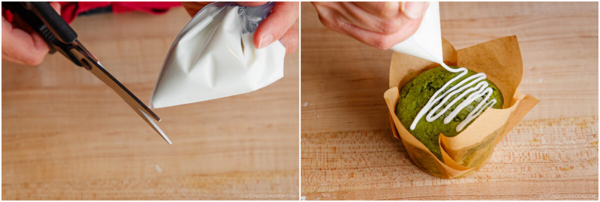 A hand cuts the tip off a piping bag filled with white icing (left), then pipes icing onto a green muffin in a brown paper liner on a wooden surface (right).