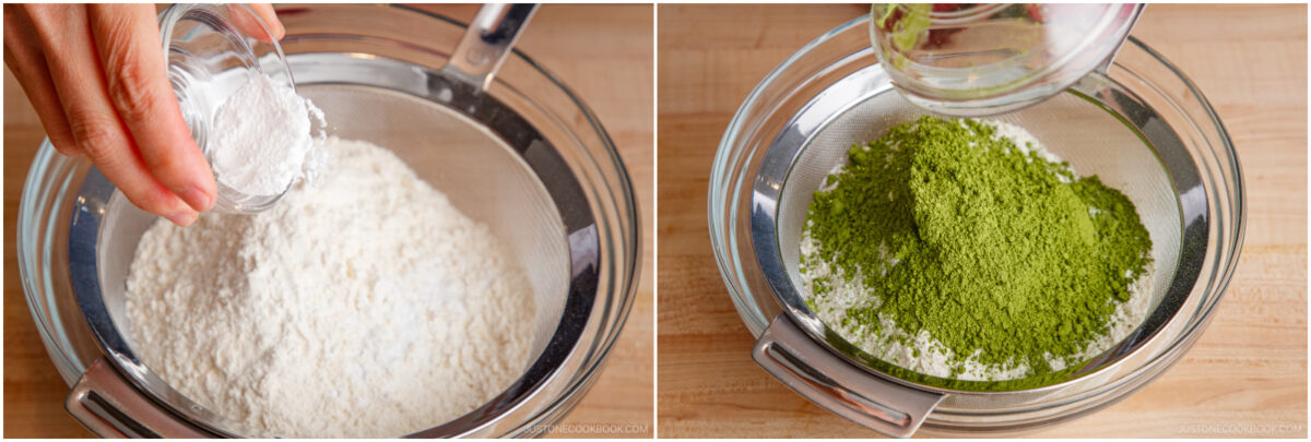 Left: A hand pours baking powder into a sieve over a bowl of flour. Right: Green matcha powder is added to the sieve with the flour mixture. Both scenes are set on a wooden surface.