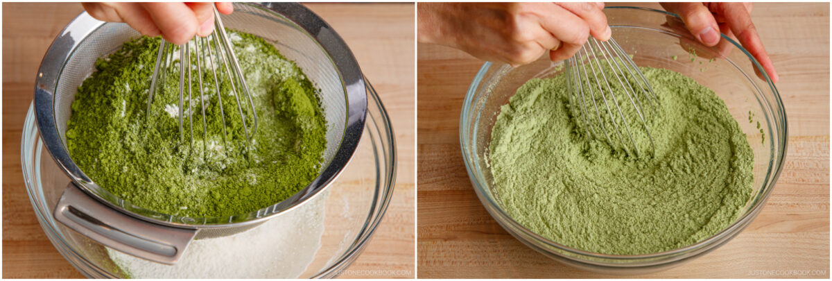 Two side-by-side images show matcha green tea powder being whisked into flour through a sifter, then the dry ingredients being whisked together in a glass bowl on a wooden surface.