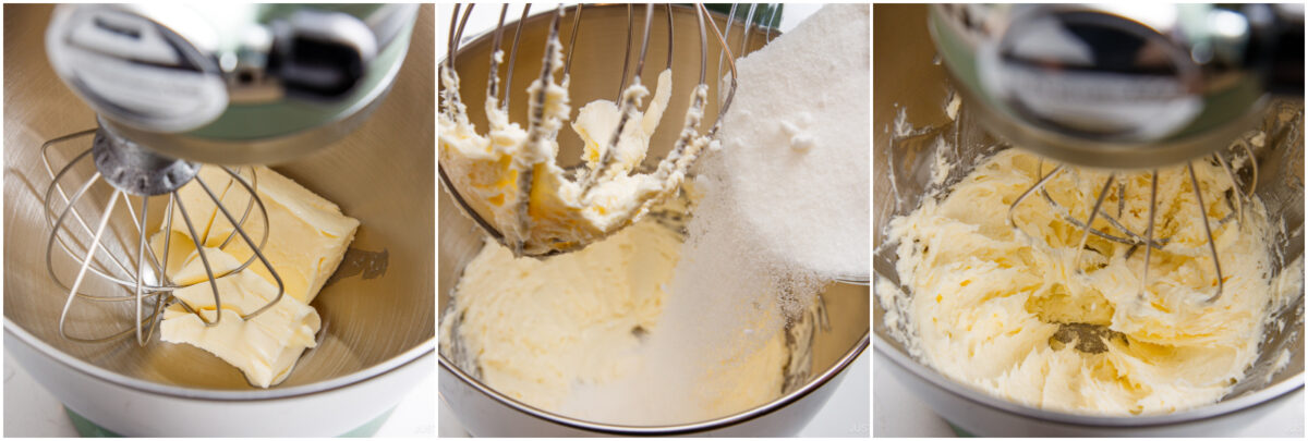 A three-step collage shows a stand mixer creaming butter, adding sugar, and then mixing the butter and sugar together until light and fluffy.