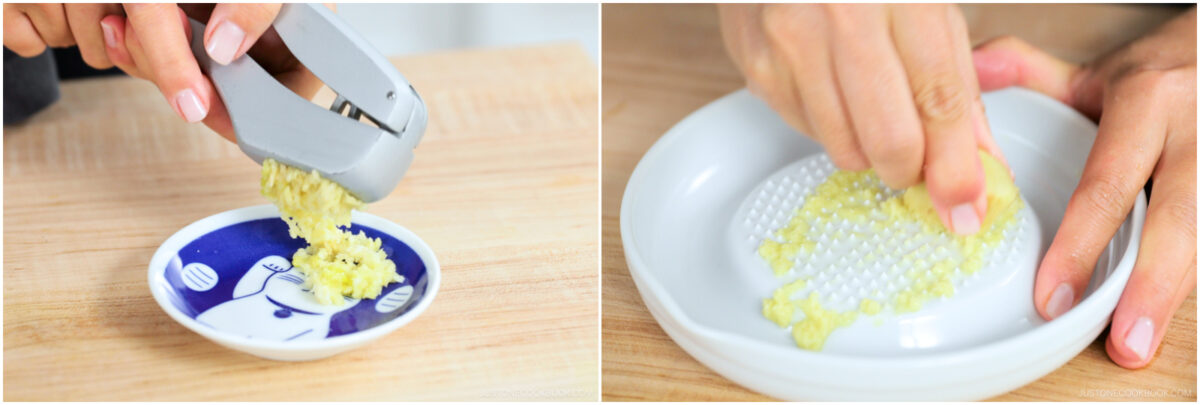 Side-by-side images showing hands preparing ginger: on the left, ginger is being pressed in a garlic press; on the right, ginger is being grated using a ceramic grater on a white plate.