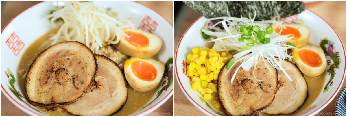 Two bowls of ramen with sliced pork, soft-boiled eggs, and toppings such as bean sprouts, corn, green onions, and seaweed in rich broth.