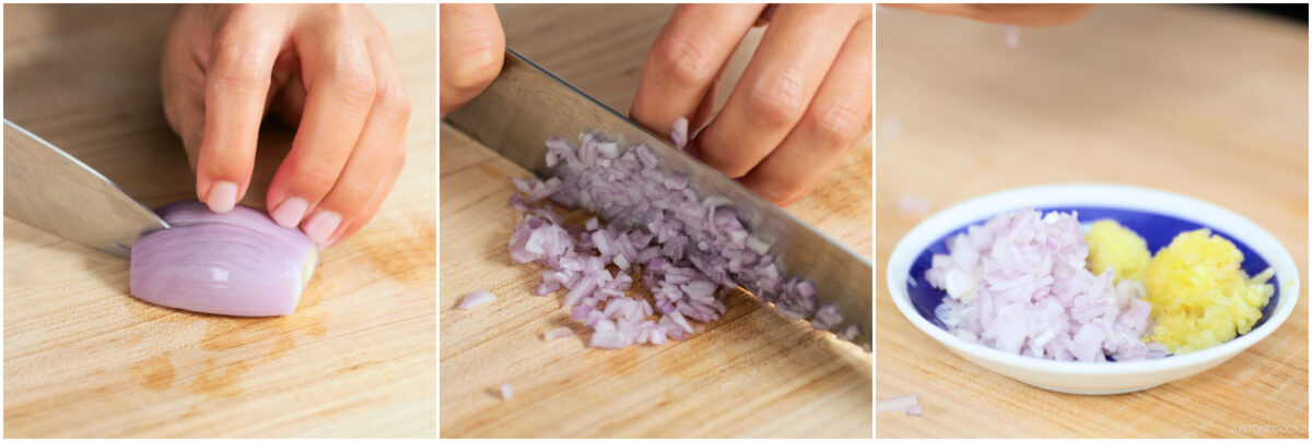 A sequence of three images shows a hand slicing and finely chopping a shallot, followed by a small dish containing chopped shallot and minced garlic on a wooden surface.