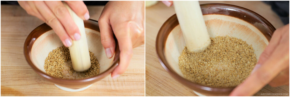Two close-up images show hands grinding sesame seeds in a brown-rimmed bowl using a pestle. The left image shows the process beginning; the right image shows the sesame seeds more finely ground.