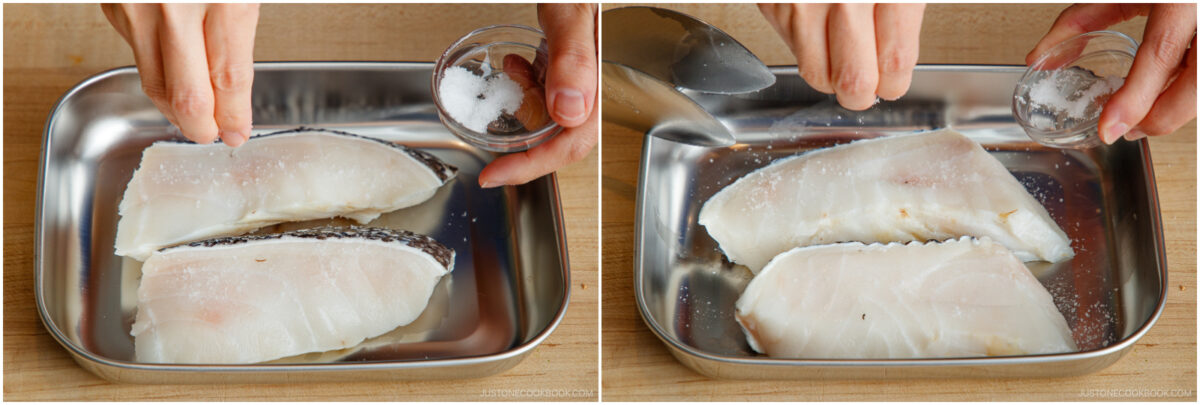 Two hands sprinkle salt onto raw fish fillets in a metal tray; the left image shows the salt being added from fingers, the right image shows salt being poured from a small glass bowl.