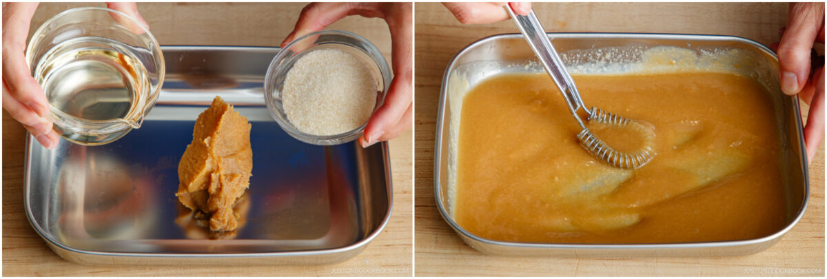 Two-panel image: left shows hands holding bowls of oil and sugar above a tray with miso paste; right shows a whisk mixing the ingredients into a smooth sauce in the same tray.
