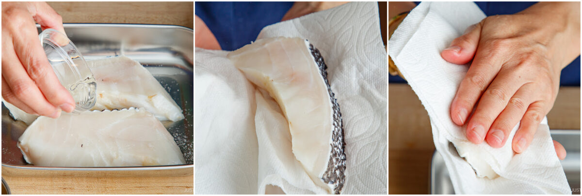 Three-step process for preparing fish: pouring liquid onto fish fillets, patting the fillet with a paper towel, and pressing a paper towel on the fillet to dry it.