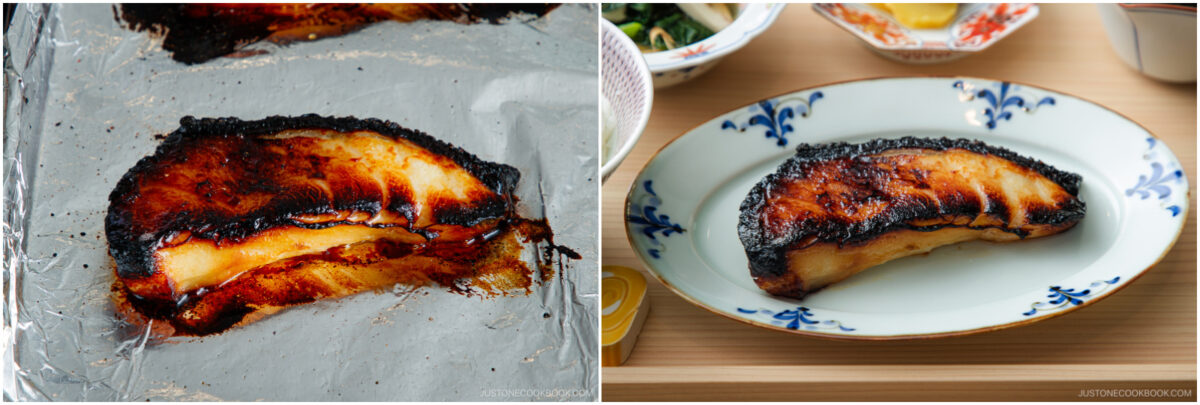 Two images of miso-glazed black cod: one shows the fish freshly baked on foil, the other presents it served on a decorative plate with a wooden table and other dishes partially visible in the background.