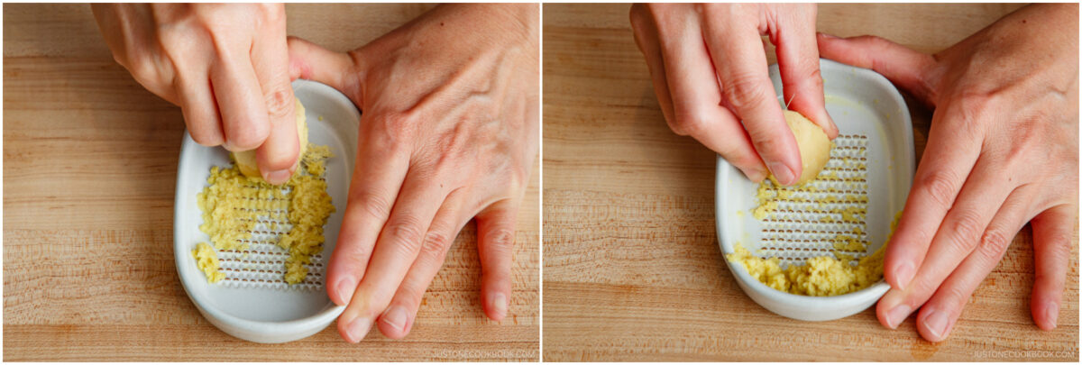 Two close-up views of hands grating fresh ginger on a small white ceramic grater, with finely grated ginger accumulating on the surface atop a wooden countertop.