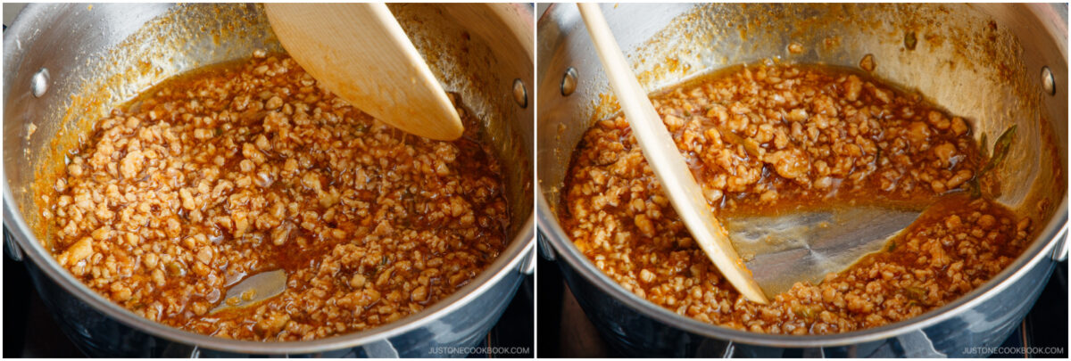 Side-by-side photos show a pan of browned ground meat in sauce being stirred with a wooden spoon, revealing a thick, rich mixture with visible oil and seasoning.