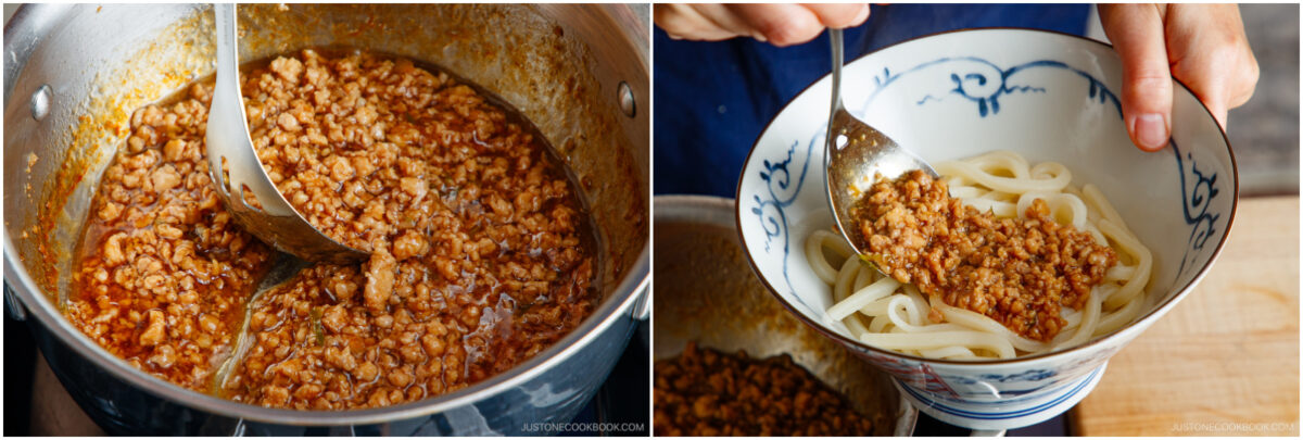 A pot of savory minced meat sauce being stirred with a ladle on the left, and a person ladling the sauce over a bowl of noodles on the right.