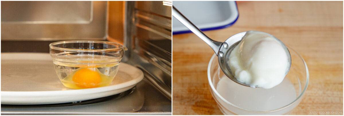 A two-panel image: on the left, a clear glass bowl with a raw egg inside a microwave; on the right, a spoon lifting a cooked poached egg from a cup of water.