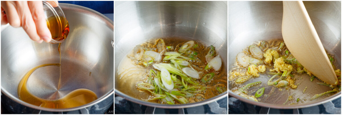 A three-panel image shows: pouring sauce into a pot, adding sliced green onions and ginger, and stirring the mixture with a wooden spatula as it cooks.