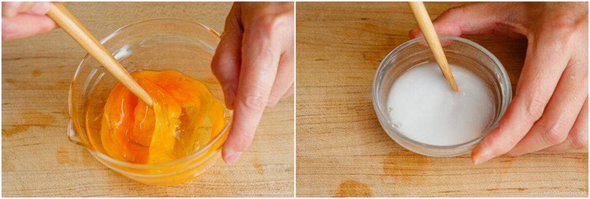 Two images side by side: on the left, a hand stirs raw eggs in a small glass bowl; on the right, a hand stirs a white liquid mixture in a small glass bowl. Both are on a wooden surface.