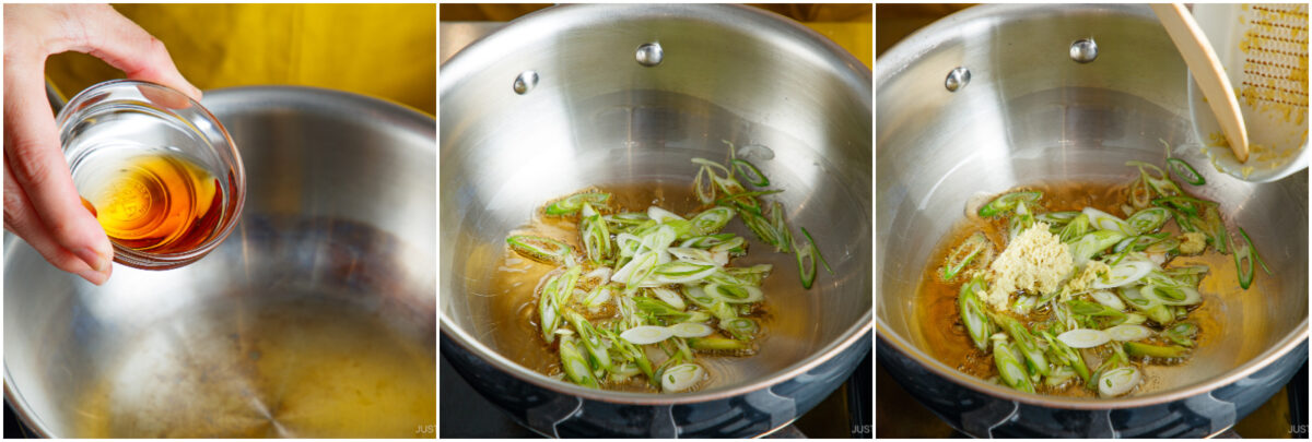 A hand pours a small bowl of sauce into a pot, followed by sliced green onions in simmering liquid, then minced ginger being added to the mixture in the pot.