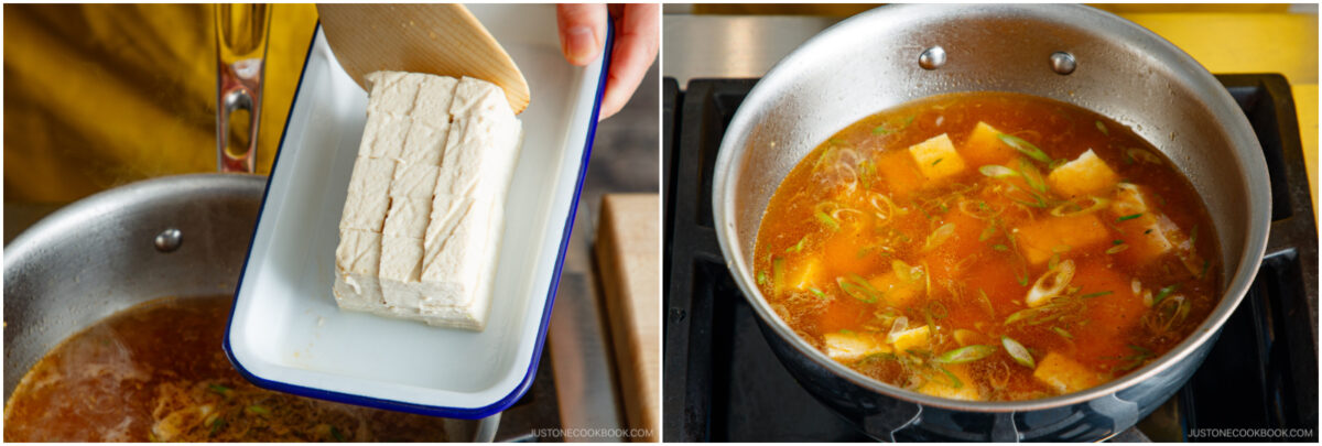 Left: A hand slides cubed tofu from a tray into a pot. Right: Cubed tofu and chopped green onions simmer in a pot of reddish-brown soup on a stovetop.