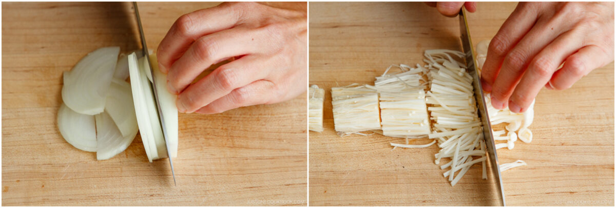 Two images side by side: the left shows a hand slicing a white onion on a wooden cutting board; the right shows a hand slicing enoki mushrooms on the same board.