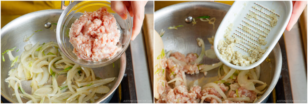 A two-panel image: On the left, ground meat is being added to sautéed onions in a pan. On the right, minced garlic is being poured into the same pan with onions and meat.