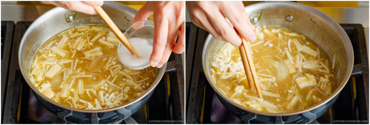 Two images side by side show a pot of soup with mushrooms on a stove. In the first image, a hand adds a small bowl of white powder. In the second image, a wooden spoon stirs the soup.