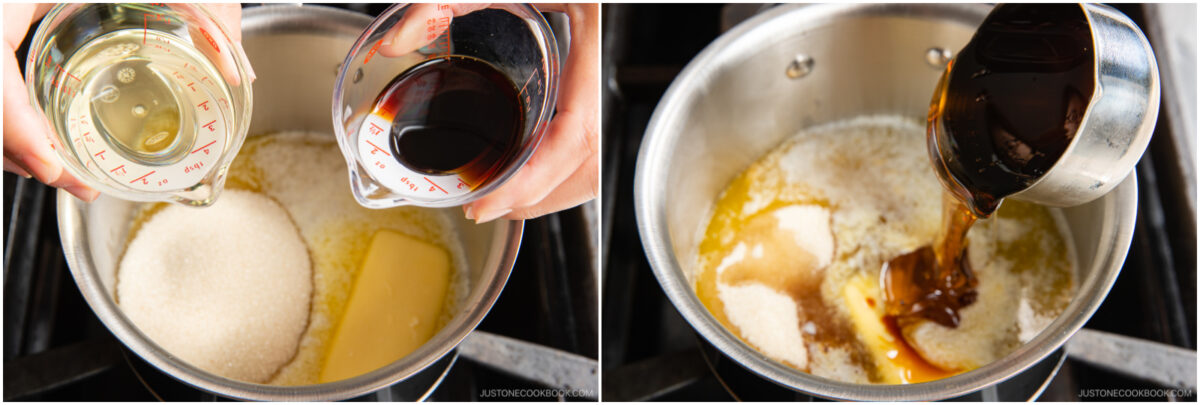 Two images show hands pouring ingredients into a saucepan: on the left, oil is poured over sugar and butter; on the right, soy sauce is added to the mixture.