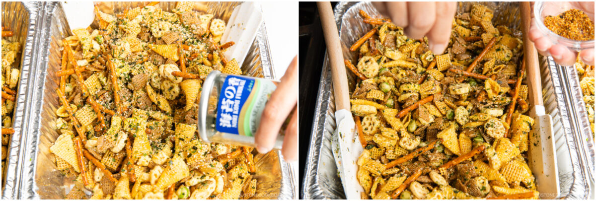 Two images show a snack mix in a foil tray being seasoned. In the first, a hand sprinkles seasoning from a bottle. In the second, a hand scatters dry spices from a small bowl over the snack mix.