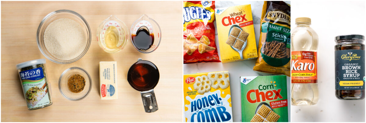 Various baking ingredients, including butter, oil, soy sauce, Worcestershire sauce, and seasonings, are displayed in bowls and measuring cups, alongside cereal boxes, pretzels, brown rice syrup, and corn syrup on a light background.