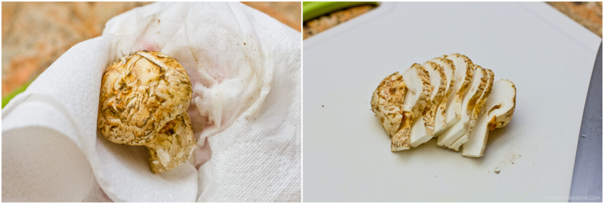 A celeriac being wiped clean with a paper towel on the left, and thinly sliced pieces of celeriac on a white cutting board on the right.