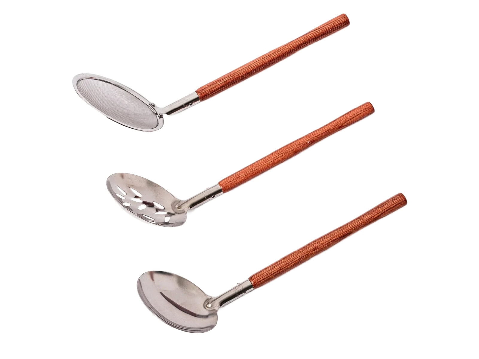 Three kitchen utensils with metal heads and wooden handles are arranged diagonally. The tools include a solid serving spoon, a slotted spoon, and a ladle. All have a shiny finish and appear to be clean and unused.