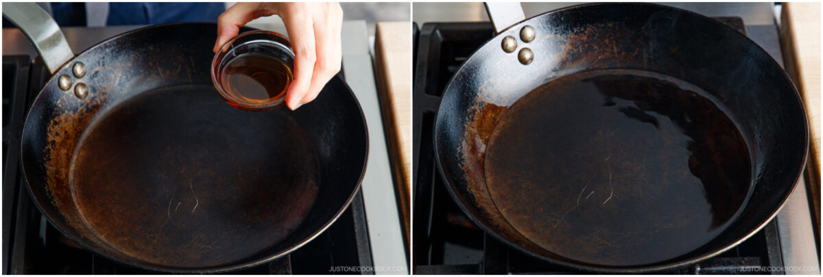Two side-by-side images: on the left, a hand pours liquid from a small bowl into a black frying pan; on the right, liquid is spread in the pan, which sits on a stovetop.
